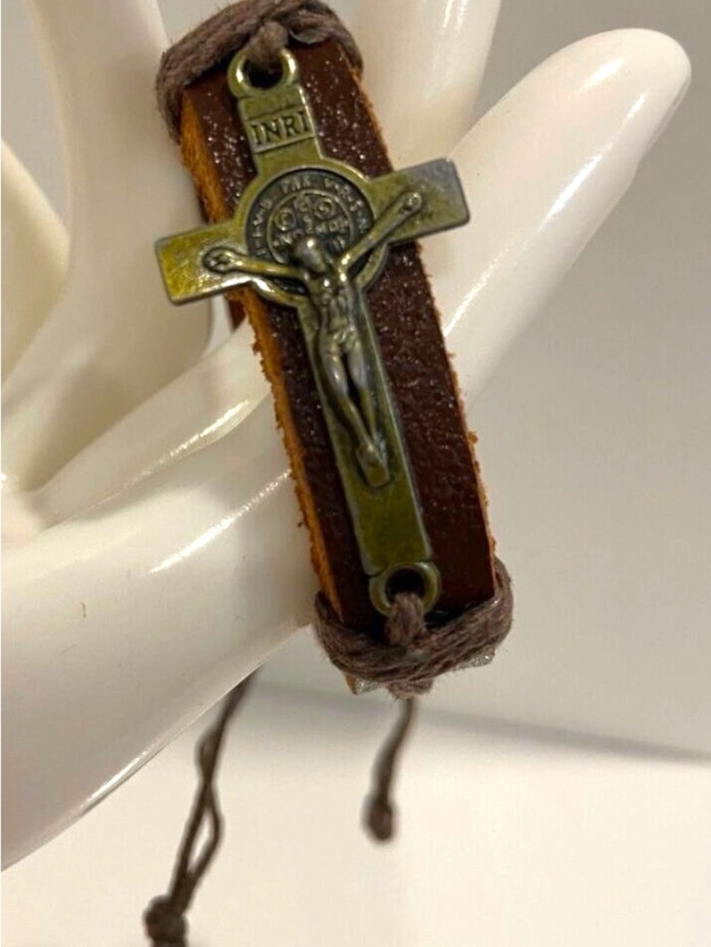 Brown Leather Christian Crucifix Bracelet With Adjustable Cord & Cross Char
